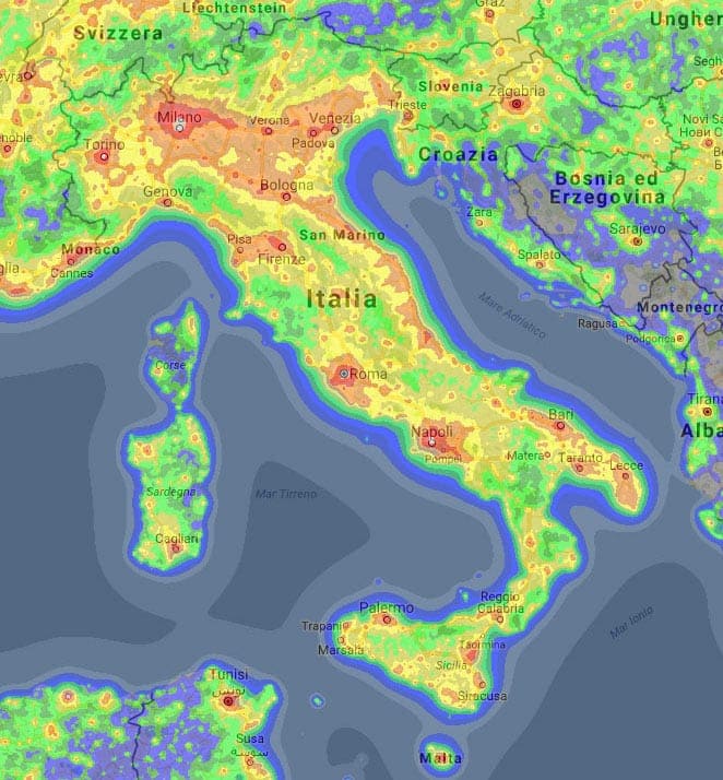 Light pollution map of Italy