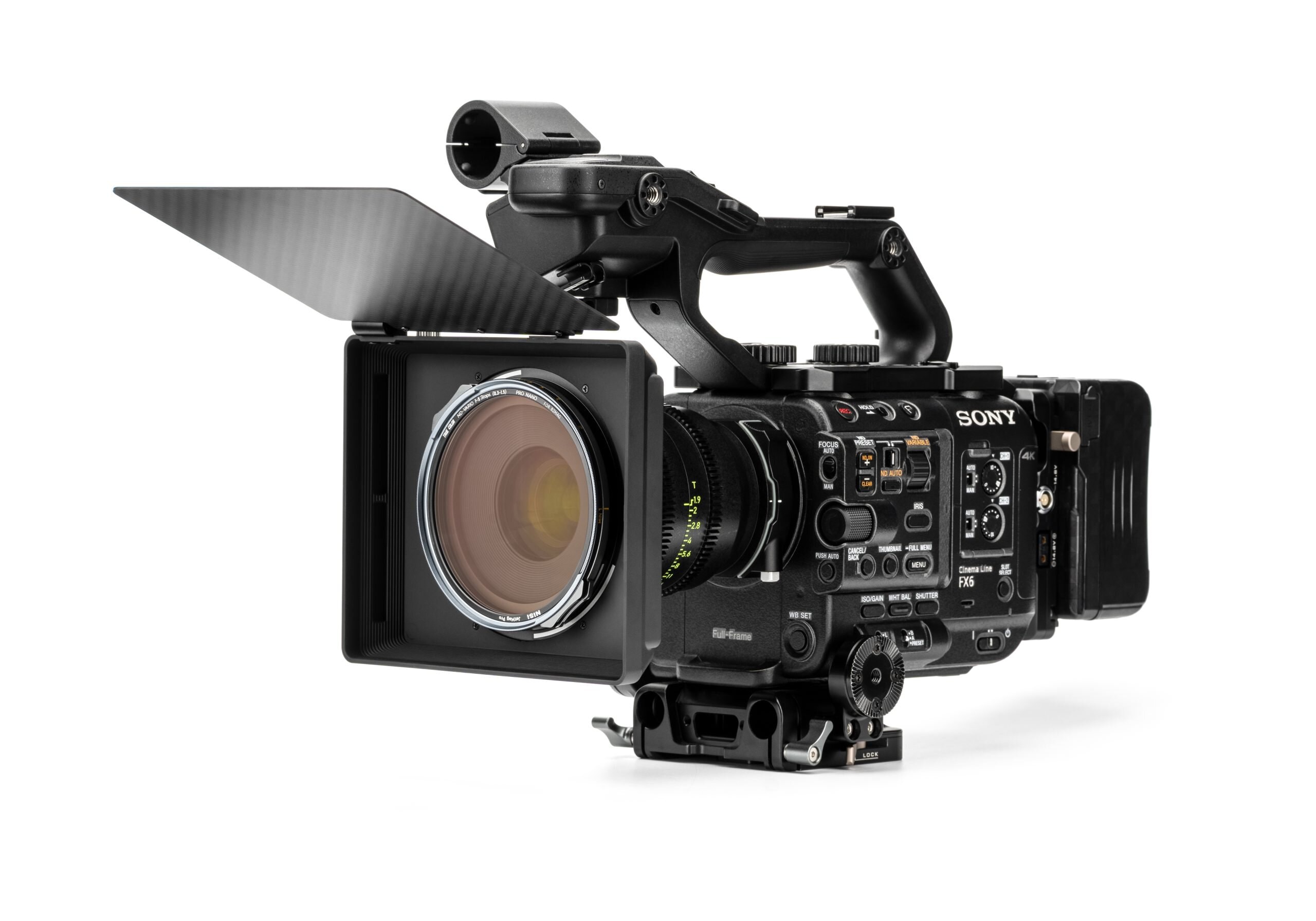 NiSi JetMag Pro Matte Box seen from the front, carbon fibre top flag fitted