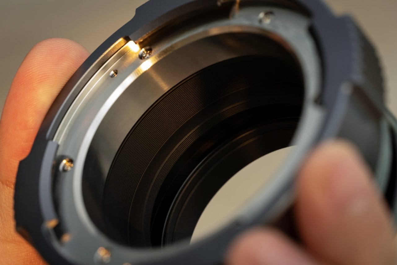 Close-up of the 304 stainless steel PL mount of the NiSi Drop-In Filter PL Mount Adapter