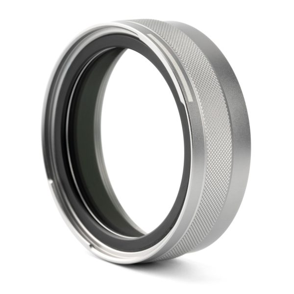 NiSi JetMag Pro NC UV 49MAG Adapter for the Fujifilm X100 series in silver, on a white background